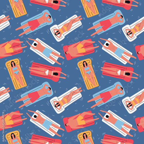 People in pool with inflatable matrasses seamless pattern. Vector flat illustration