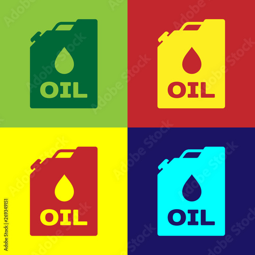 Color Plastic canister for motor machine oil icon isolated on color backgrounds. Oil gallon. Oil change service and repair. Engine oil sign. Vector Illustration