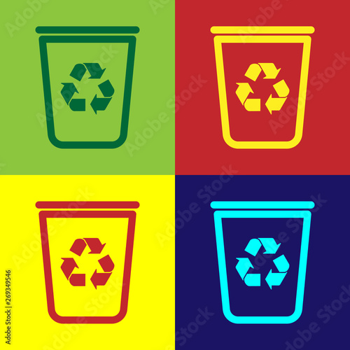 Color Recycle bin with recycle symbol icon isolated on color backgrounds. Trash can icon. Garbage bin sign. Recycle basket sign. Vector Illustration