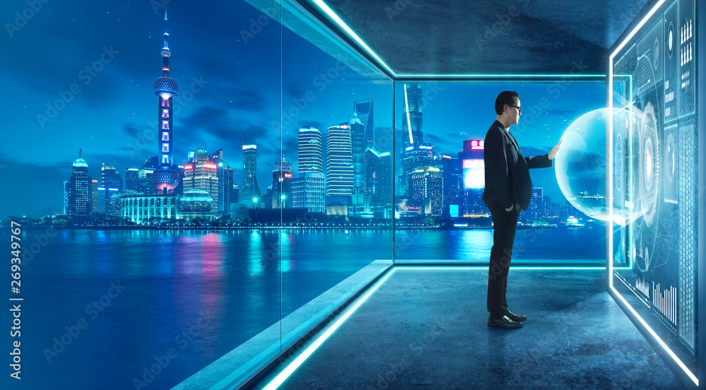 Businessman in suit working with virtual 3d holographic interface screens . Futuristic business, technology, internet and social networking technology concept . Businessman in suit working with virtual 3d holographic interface screens . Futuristic business, technology, internet and social networking technology concept .