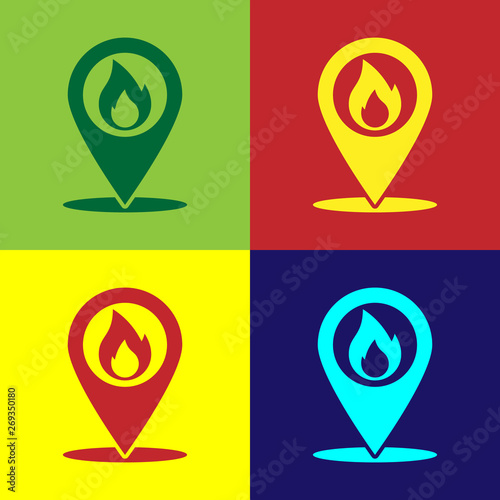 Color Map pointer with fire flame icon isolated on color backgrounds. Fire nearby. Vector Illustration