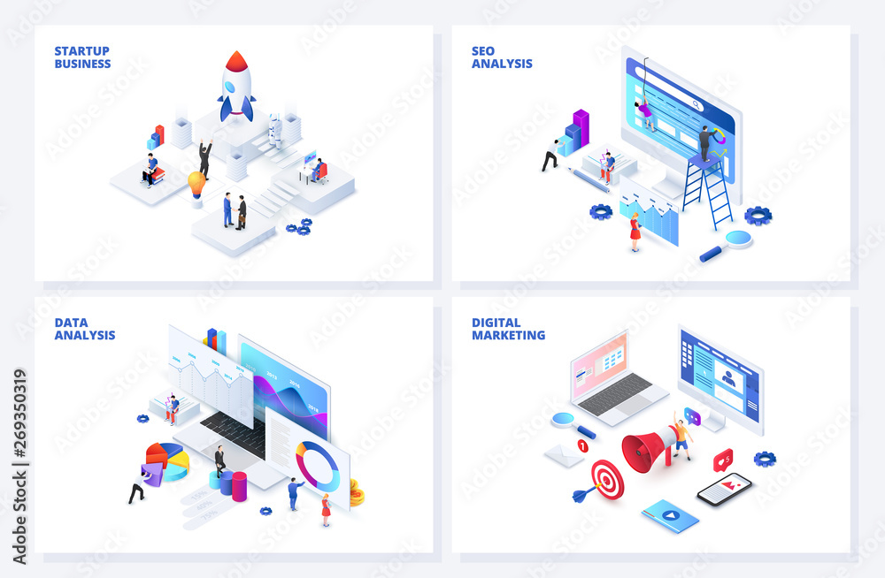 Isometric 3d illustrations set. Startup, seo and data analysis, digital marketing with characters.