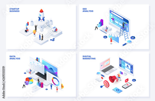 Isometric 3d illustrations set. Startup, seo and data analysis, digital marketing with characters. photo
