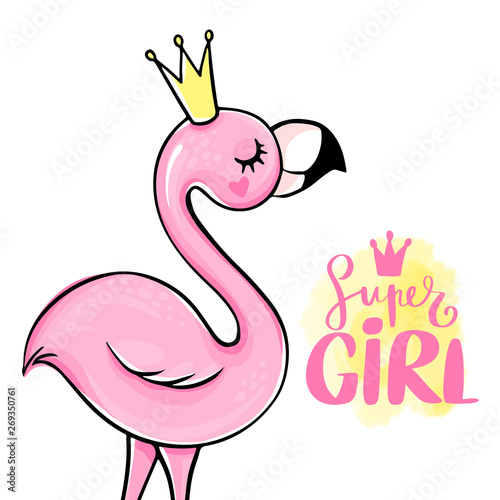 Vector summer card with pink princess flamingo. Trendy illustration.