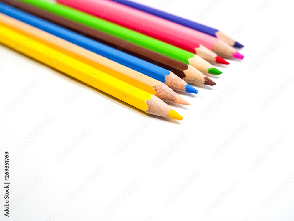 Color pencils on white, copy space Color pencils on white, copy space