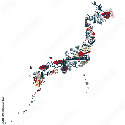 Pictures symbolize Japan. Cranes, pagoda, thorium and other miniatures folded in the silhouette of Japan.