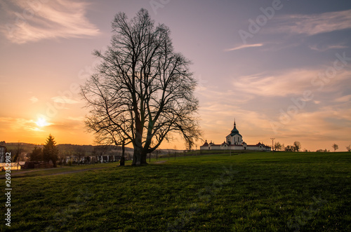 Sunset sky over Pilgrimage Church of Saint John of Nepomuk at Zelena Hora  Zdar nad Sazavou  Czech Republic.