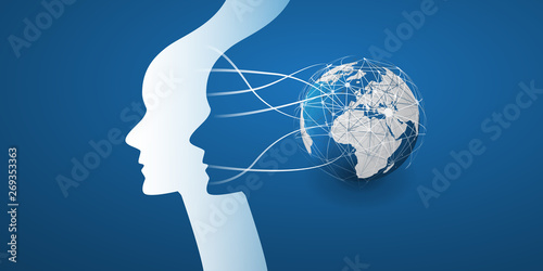 Modern Style Futuristic Machine Learning, Artificial Intelligence, Cloud Computing and IoT Networks Design Concept with Network Mesh and Earth Globe and Face Silhouette 