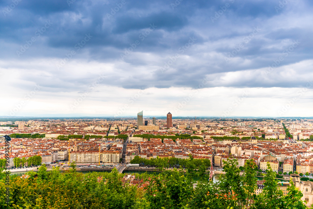 Panorama of the city of Lyon from Notre Dame de Fourviere in the Rhne, France