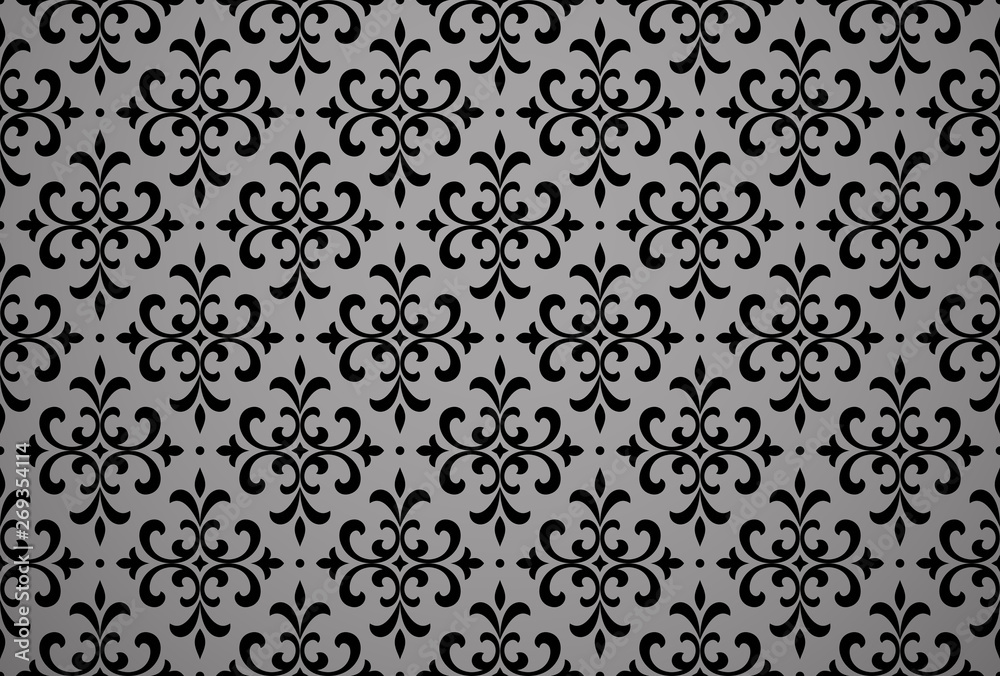 Wallpaper in the style of Baroque. Seamless vector background. Black floral ornament. Graphic pattern for fabric, wallpaper, packaging. Ornate Damask flower ornament Wallpaper in the style of Baroque. Seamless vector background. Black floral ornament. Graphic pattern for fabric, wallpaper, packaging. Ornate Damask flower ornament