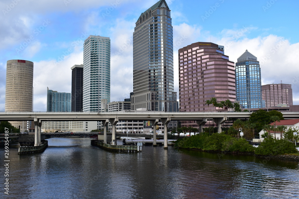 Tampa, Flordia, USA - January 7, 2017: Downtown Tampa skyline over the Hillsborough River Tampa, Flordia, USA - January 7, 2017: Downtown Tampa skyline over the Hillsborough River