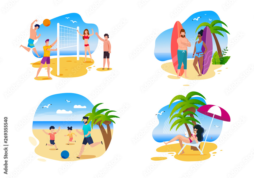 Fototapeta premium Family and Friends Summer Activities on Beach Set