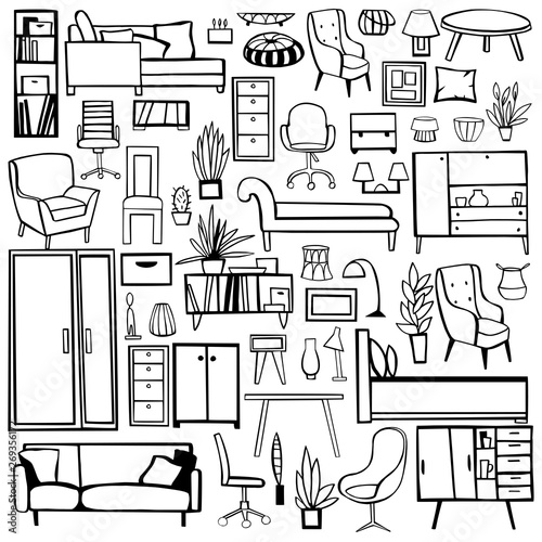 Furniture, lamps and plants for the home. Vector sketch illustration.