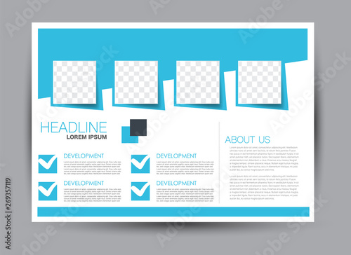 Landscape wide flyer template. Billboard banner abstract background design. Business, education, presentation, advertisement concept. Blue color. Vector illustration.