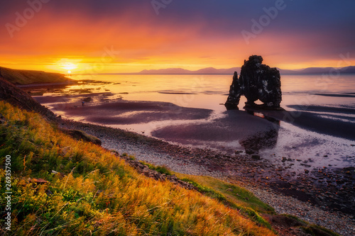 Amazing view of the Atlantic ocean at dawn. Location place Hvitserkur, Iceland, Europe.