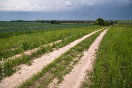 Road in the field, stormy sky