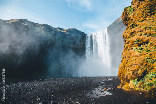 Amazing view of popular tourist attraction. Location Skogafoss waterfall  Iceland  Europe.