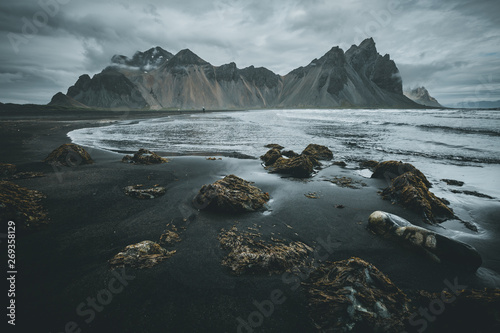 Exotic landscape of the volcanic beach. Location Stokksnes cape, Vestrahorn, Iceland, Europe.