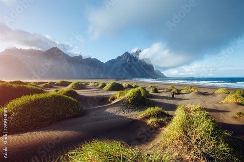 Majestic landscape on sunny day. Location Stokksnes cape, Vestrahorn (Batman Mount), Iceland.