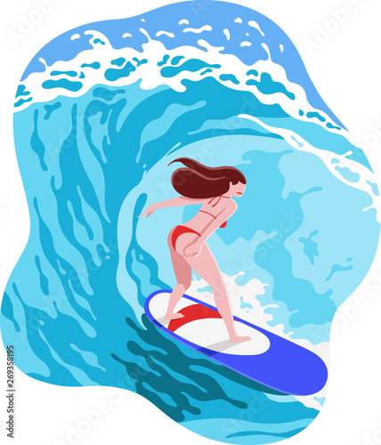 Vector summer illustration with beautiful surfer girl in red bikini riding big waves on blue surfboard