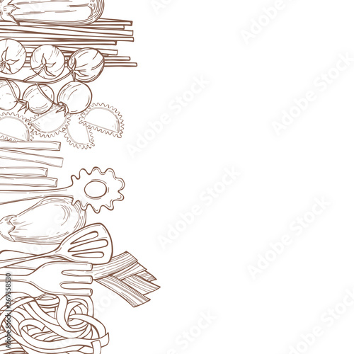 Vector background with  hand drawn pasta and vegetables on white background. Italian food. Sketch  illustration.