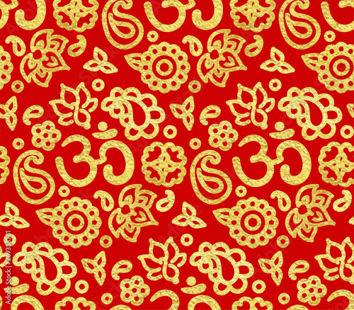 Seamless pattern with golden paint OM meditation ornamentv
