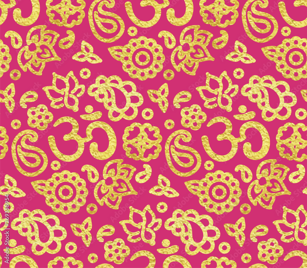 Seamless pattern with golden paint OM meditation ornament Seamless pattern with golden paint OM meditation ornament