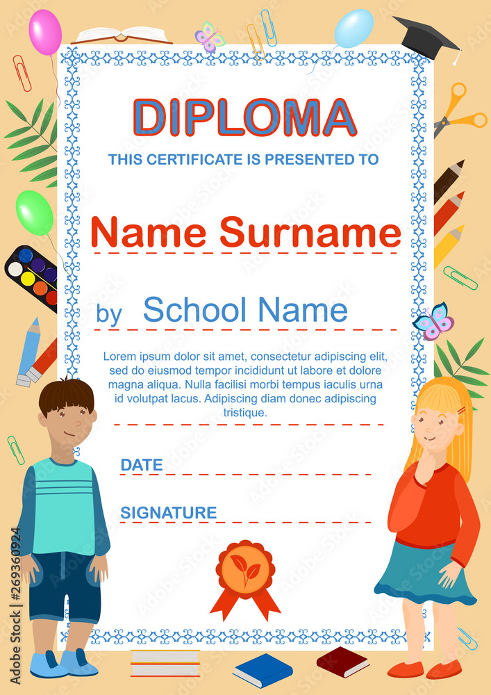 Preschool Children's Diploma. Primary school certificate template. Vertical  A4 format for printing. Boy, girl, school objects. Cartoon background for  children's greetings. Vector illustration Stock Vector | Adobe Stock