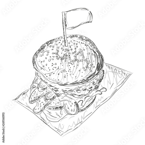 Meat hamburger with cucumber tomato cheese sprinkle with poppy seed and sesame artwork vector brash created illustration