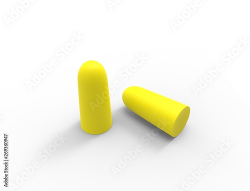 3D rendering of yellow ear plugs isolated on white background
