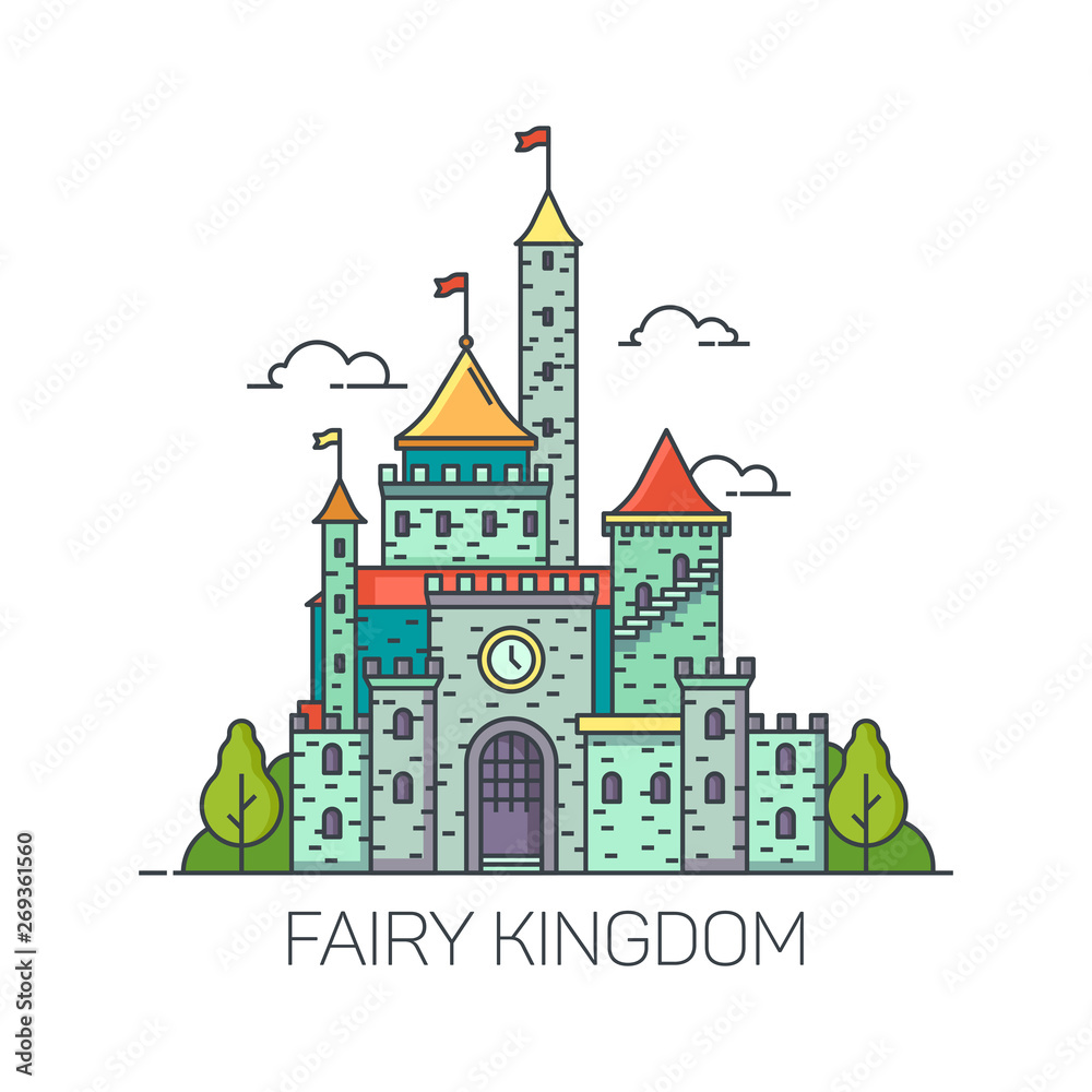 Cartoon fairy tale castle or flat kingdom fort
