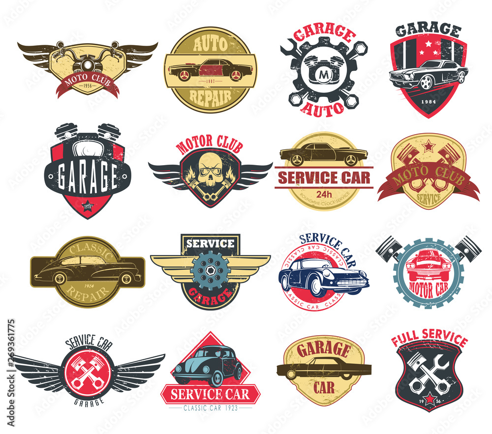 Moto or motorcycle, car or auto service icons Moto or motorcycle, car or auto service icons