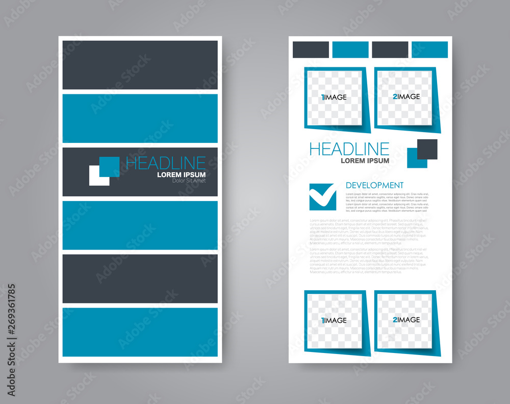 Flyer template. Vectical banner design. Modern abstract two side narrow brochure background. Vector illustration. Blue and grey color. Flyer template. Vectical banner design. Modern abstract two side narrow brochure background. Vector illustration. Blue and grey color.