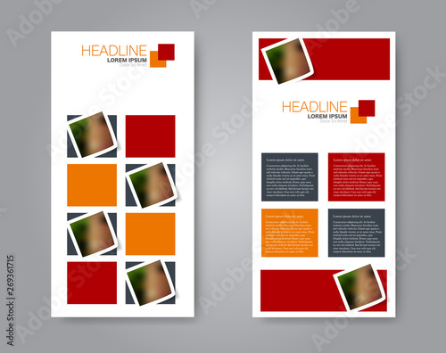 Flyer template. Vectical banner design. Modern abstract two side narrow brochure background. Vector illustration. Red and orange color.