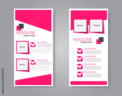 Flyer template. Vectical banner design. Modern abstract two side narrow brochure background. Vector illustration. Pink color.