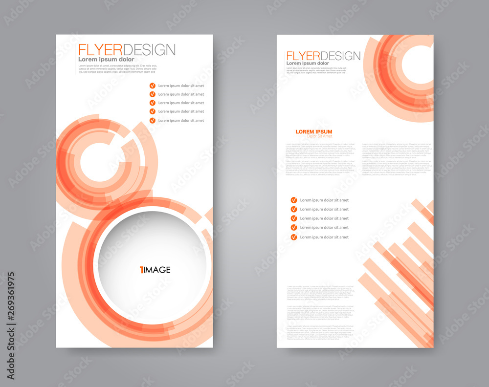 Flyer template. Vectical banner design. Modern abstract two side narrow brochure background. Vector illustration. Orange color.