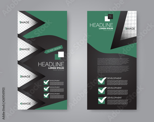 Flyer template. Vectical banner design. Modern abstract two side narrow brochure background. Vector illustration. Black and green color.