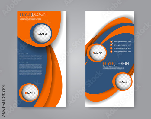 Flyer template. Vectical banner design. Modern abstract two side narrow brochure background. Vector illustration. Blue and orange color.
