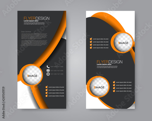 Flyer template. Vectical banner design. Modern abstract two side narrow brochure background. Vector illustration. Black and orange color.