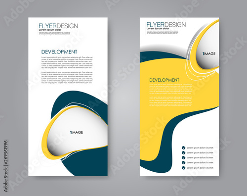 Flyer template. Vectical banner design. Modern abstract two side narrow brochure background. Vector illustration. Blue and yellow color.