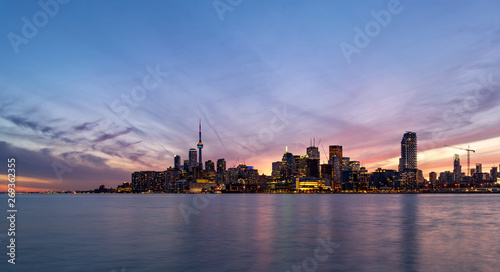 Toronto sunset skyline with purple dusk light
