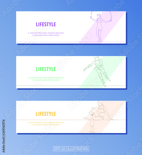 Set of banners. Continuous line drawing of girl jumping with skipping rope, rollerblading girl, sitting girl. Editable masks. Template for your design works. Vector illustration.