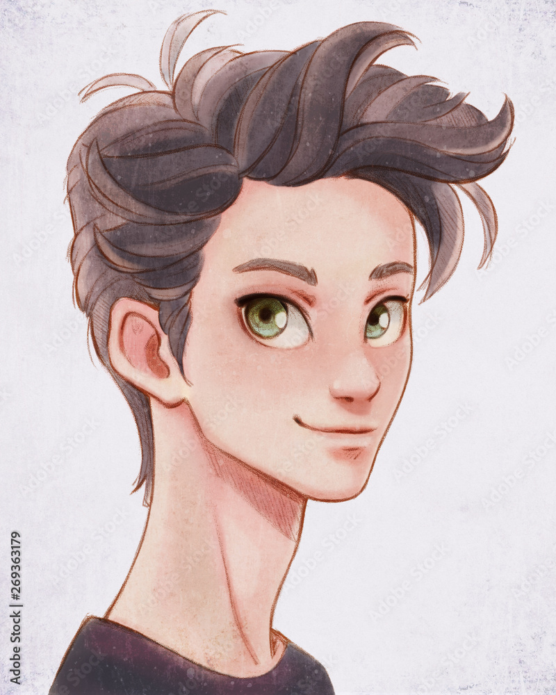 Hand drawn watercolor digital illustration of portrait of a handsome cartoon  young smiling man looking at the camera. Cartoon character teenage brunette  boy. Man with big green eyes and brown hair. Stock