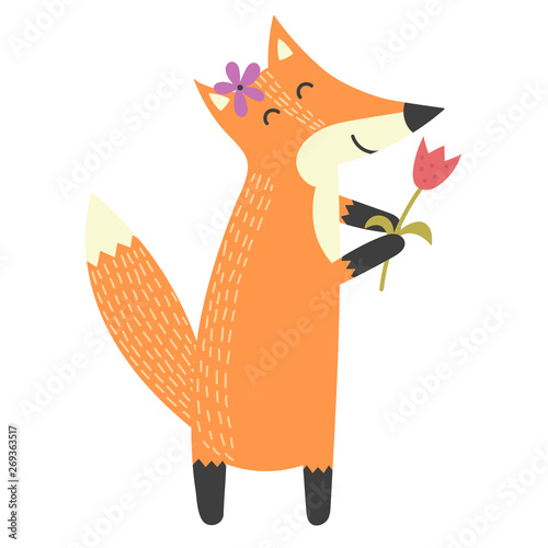 Funny isolated fox with a flower