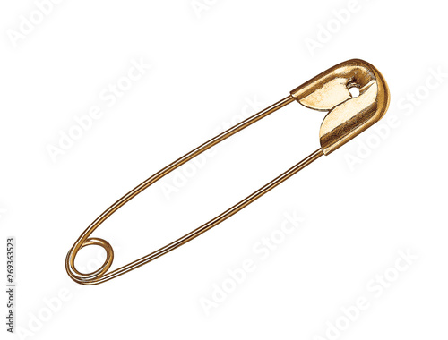 gold safety pin on isolated white background
