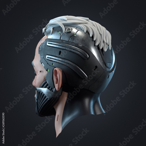 Science fiction head with cybernetic implants. Male cyborg face with gray hair. Head of futuristic android. Back view of the skull of a man with an implanted metal parts. 3D render on gray background © roman3d