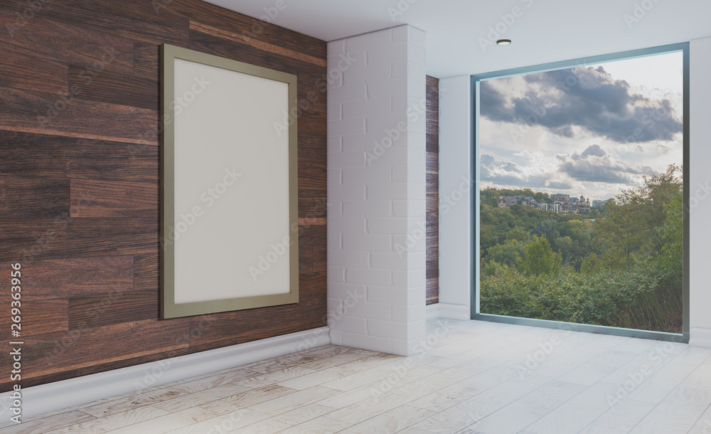 Fototapeta premium Empty bathroom interior in brown tones with a large window.. 3D rendering.Blank paintings. Mockup.