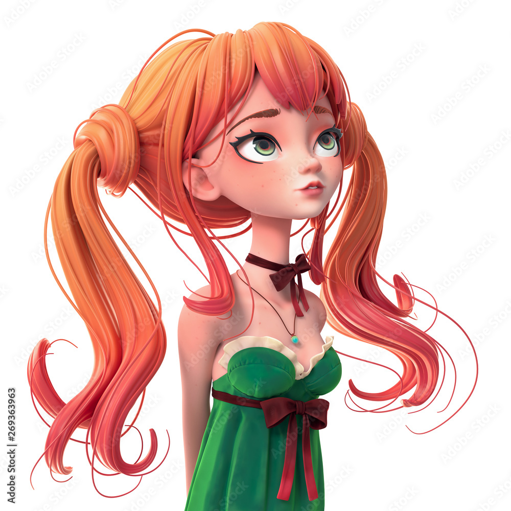 3d cartoon character ginger girl in green dress. Dreaming woman ...