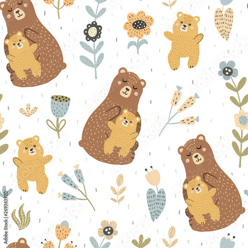 Mother bear with her baby seamless pattern