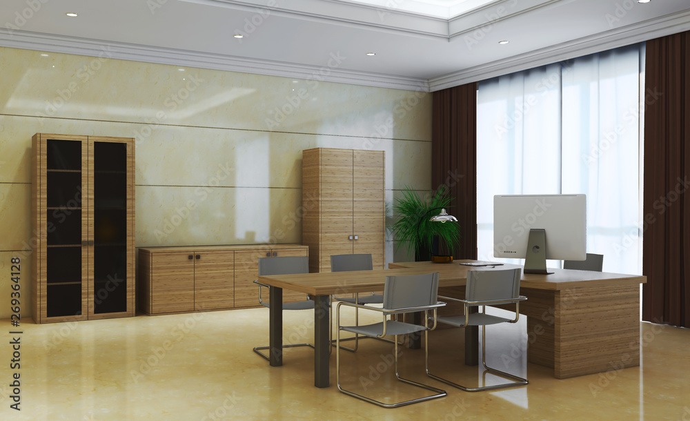 modern cabinet with marble walls and a large window. business background. 3D rendering.